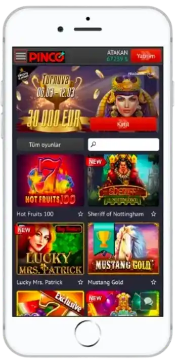 PINCO casino uygulamasında çeşitli oyun seçenekleri ve promosyonlar.